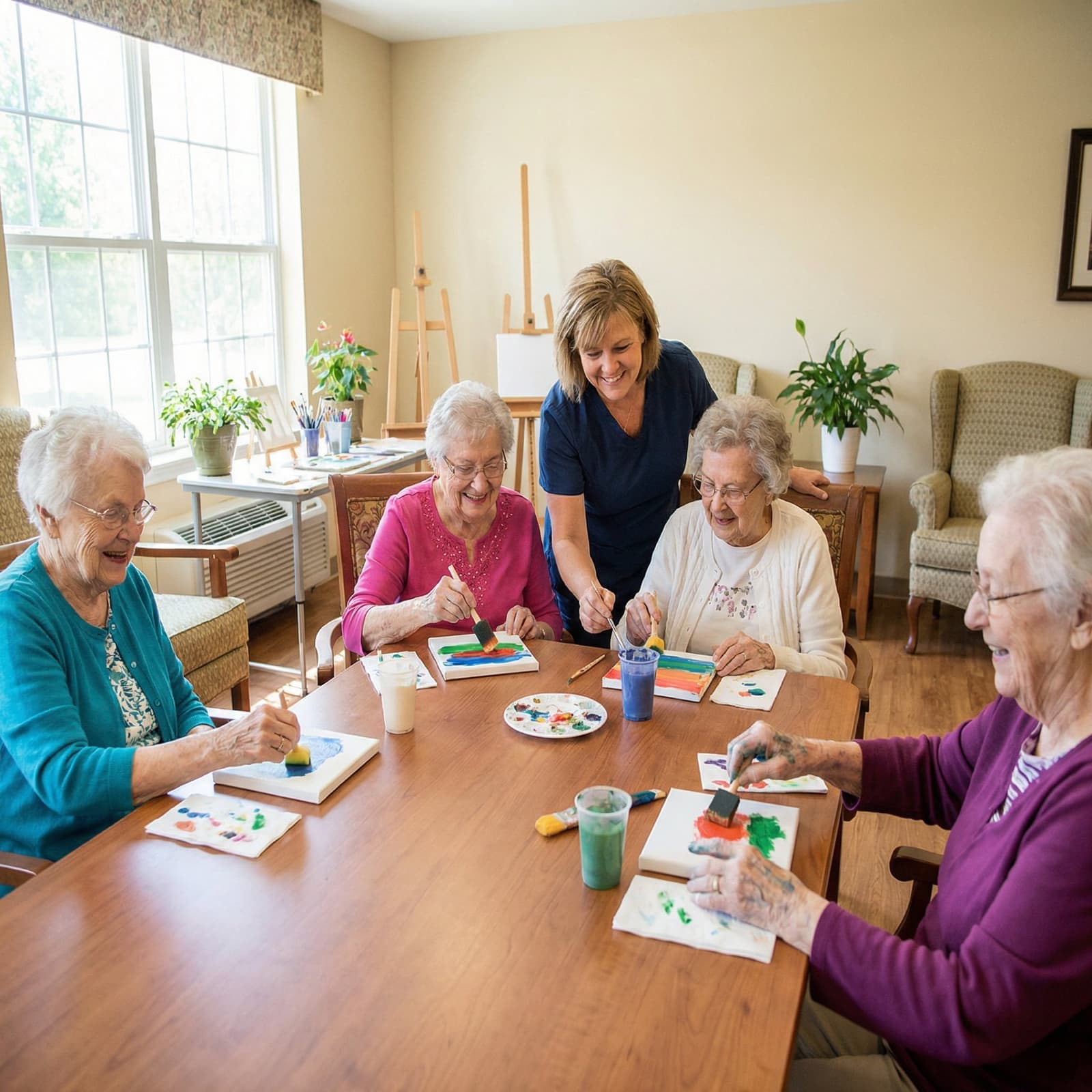 Residents taking part in a guided art activity with a caregiver nearby.