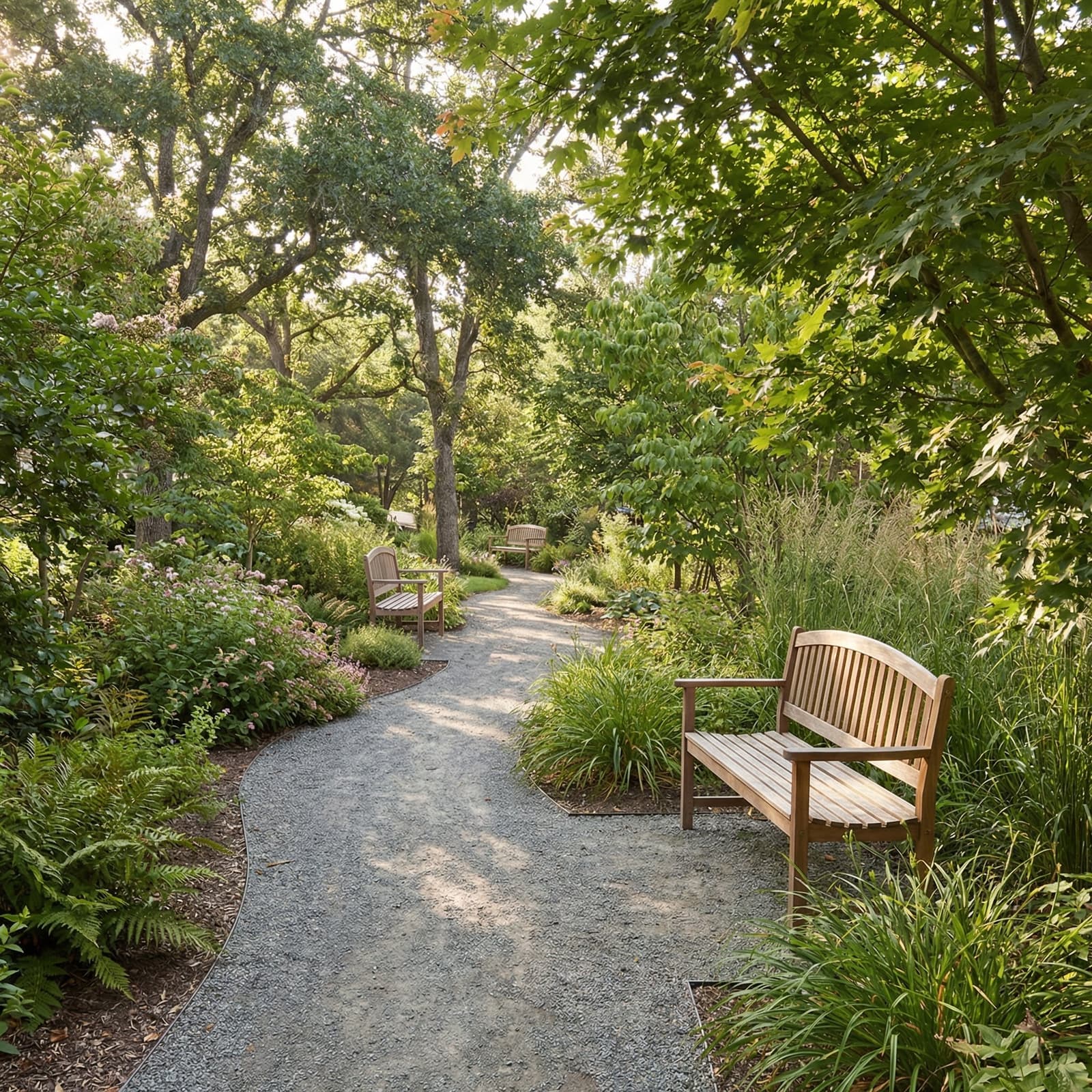 A shaded garden walking path with benches in a landscaped memory care courtyard.