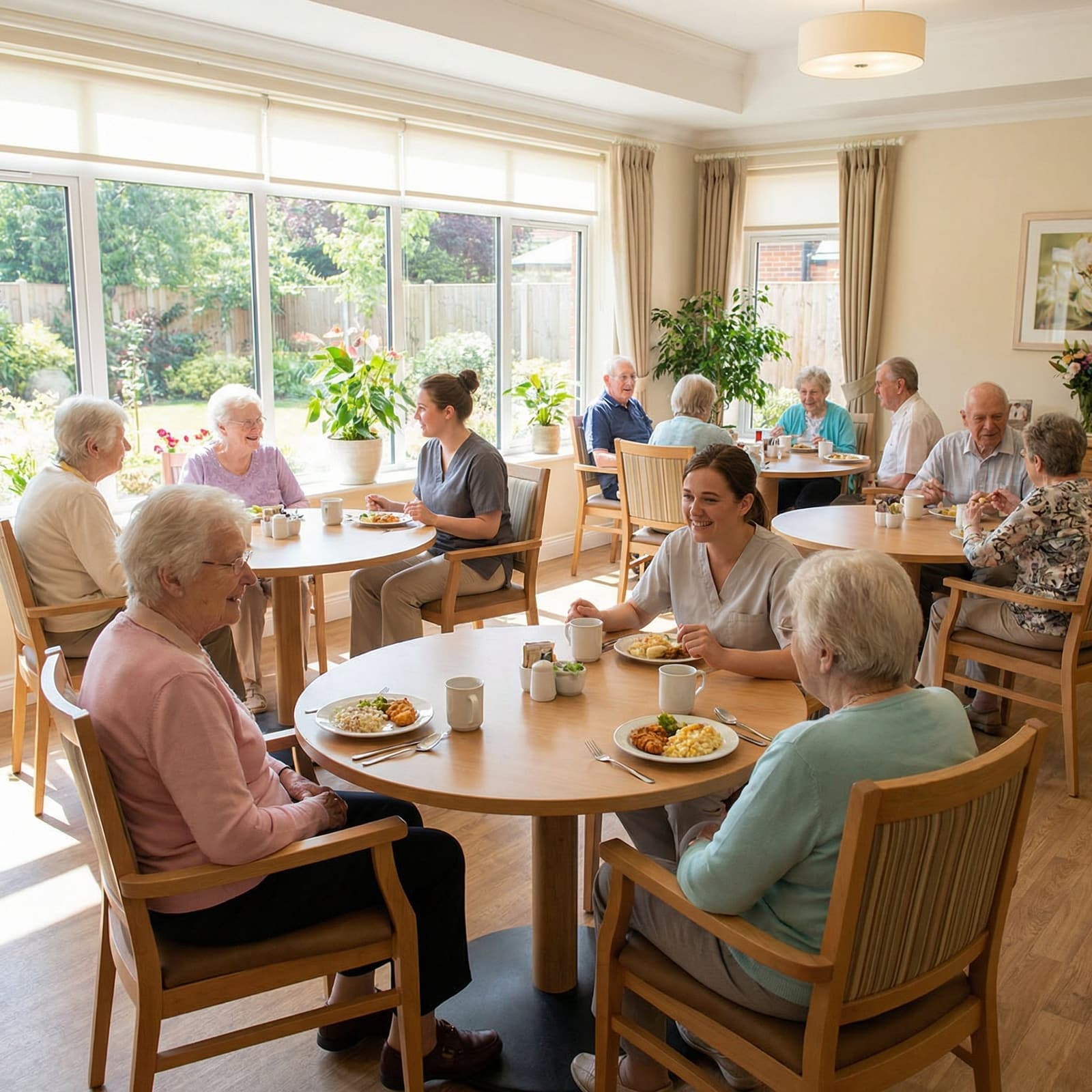 Residents and caregivers sharing a meal in a sunlit memory care dining room.