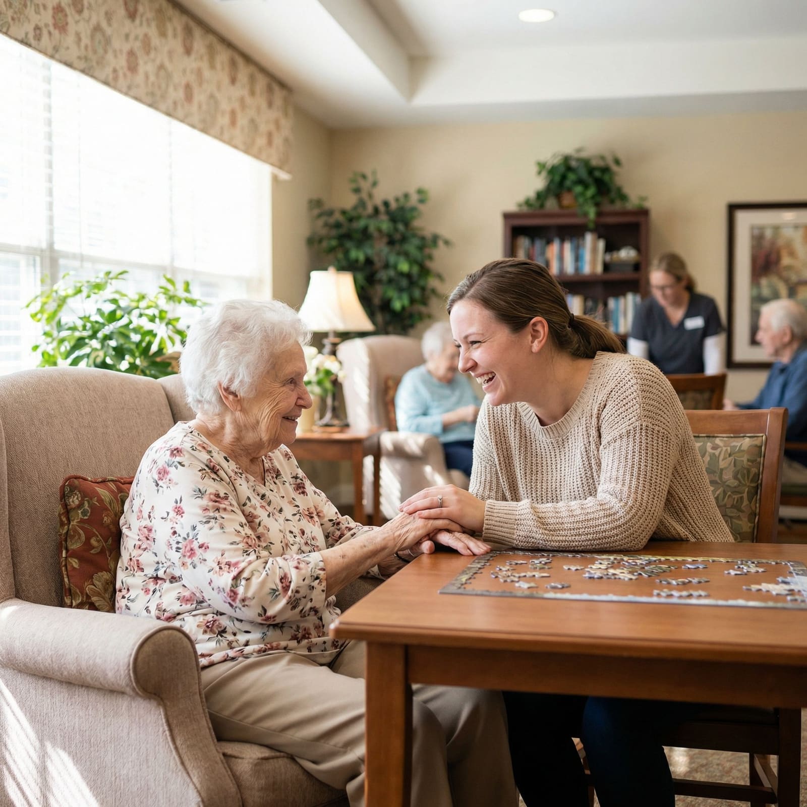 A family member holding hands with an older adult during a memory care visit.
